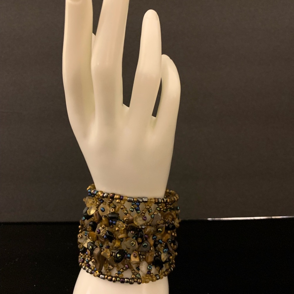 Multicolor Beaded Chunky Trendy Bohemian Cluster Cuff Bracelet shades of Brown